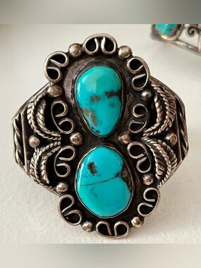 Vintage Turquoise Double Stone Sterling Silver Cuff Bracelet Blue Turquoise